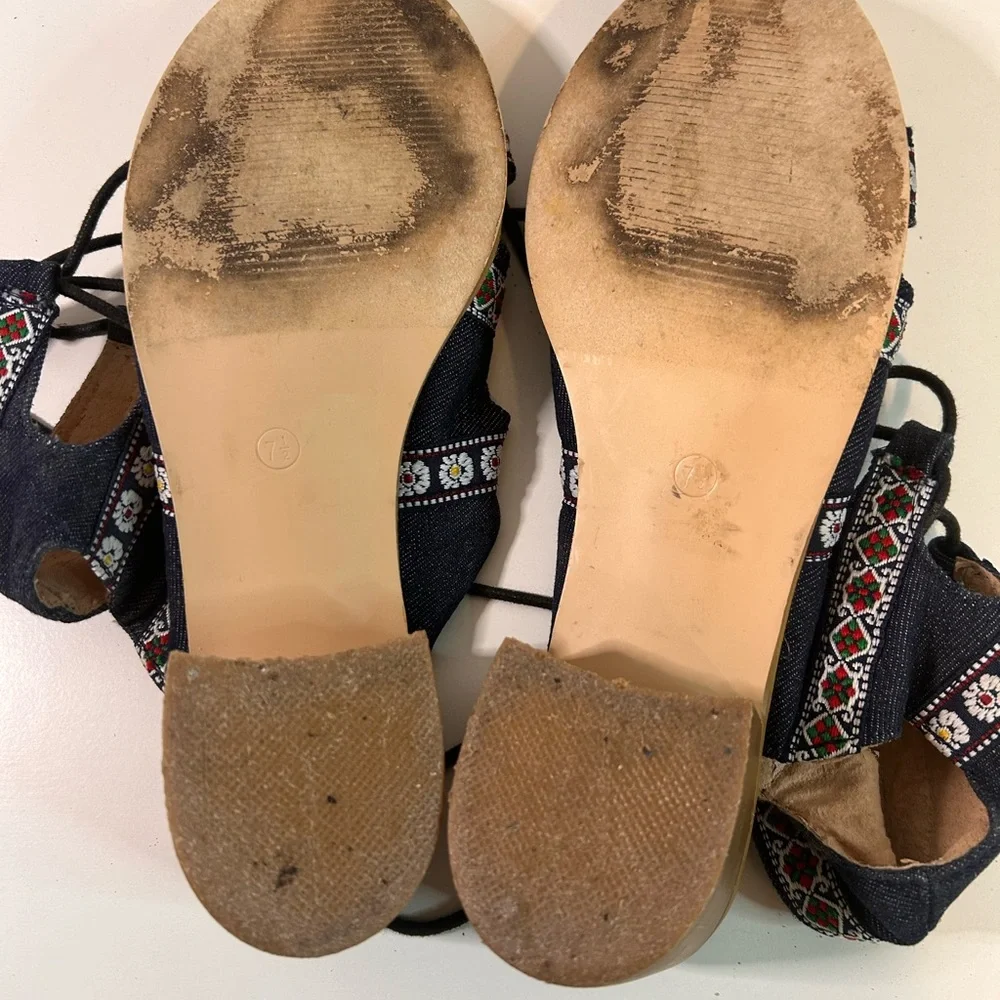 Catherine Malandrino Blue Denim Embroidered Lace Up Block Heel Sandals 7.5